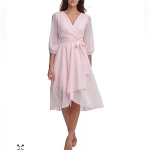 Tommy Hilfiger Pink Clip-Dot Chiffon Midi Dress Sz 10 Swiss dot flowy faux wrap